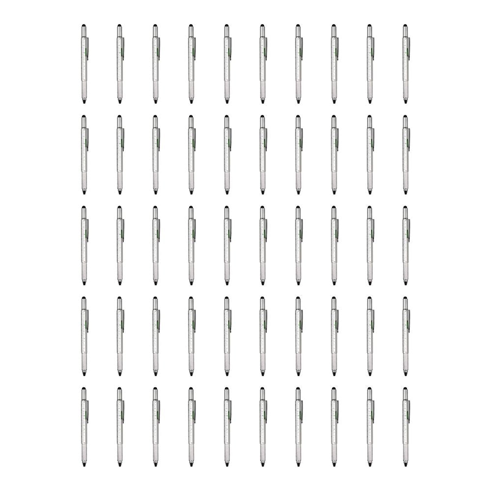 6-in-1 Multifunktionsstift: Stylus-Touch Pen, Schraubendreher (Schlitz + Kreuzschlitz), Lineal, Wasserwaage, Kugelschreiber (50 Stück) Silber