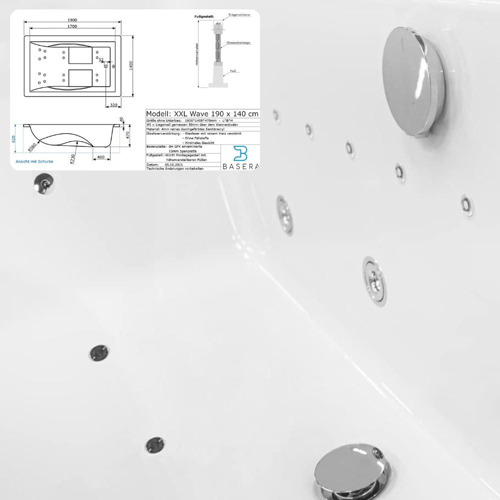 Basera® Premium Indoor Whirlpool XXL with 24 massage jets: Heating, LED, touch panel, Bluetooth