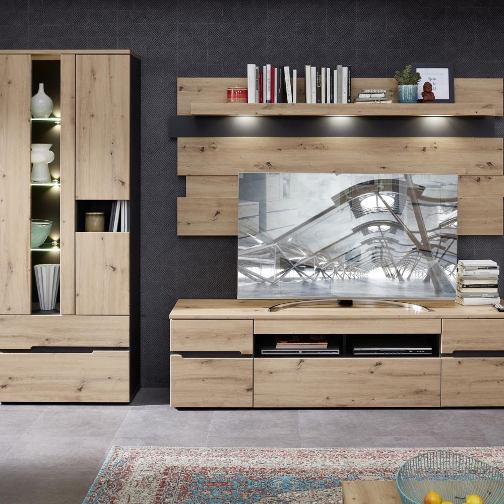 MEMPHIS wall unit complete set in artisan oak look with LED lighting (287x197x47cm)