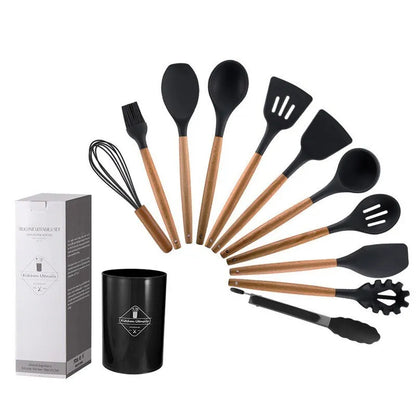 Ensemble d'ustensiles de cuisine en silicone premium de 12 pièces : manche en bois antiadhésif