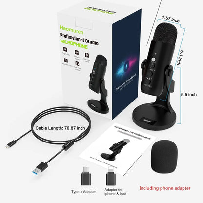 USB Condenser Microphone | Streaming - Podcasting: with Phone Adapter and Headphone Output
