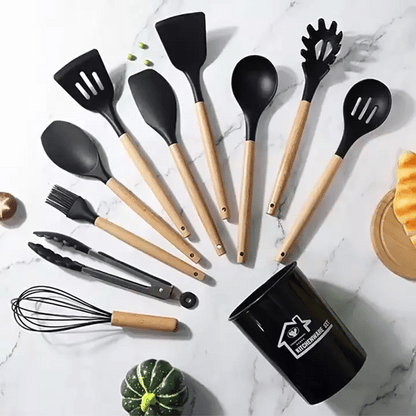 Ensemble d'ustensiles de cuisine en silicone premium de 12 pièces : manche en bois antiadhésif