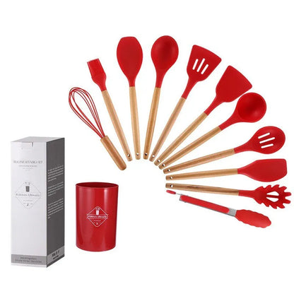 Ensemble d'ustensiles de cuisine en silicone premium de 12 pièces : manche en bois antiadhésif